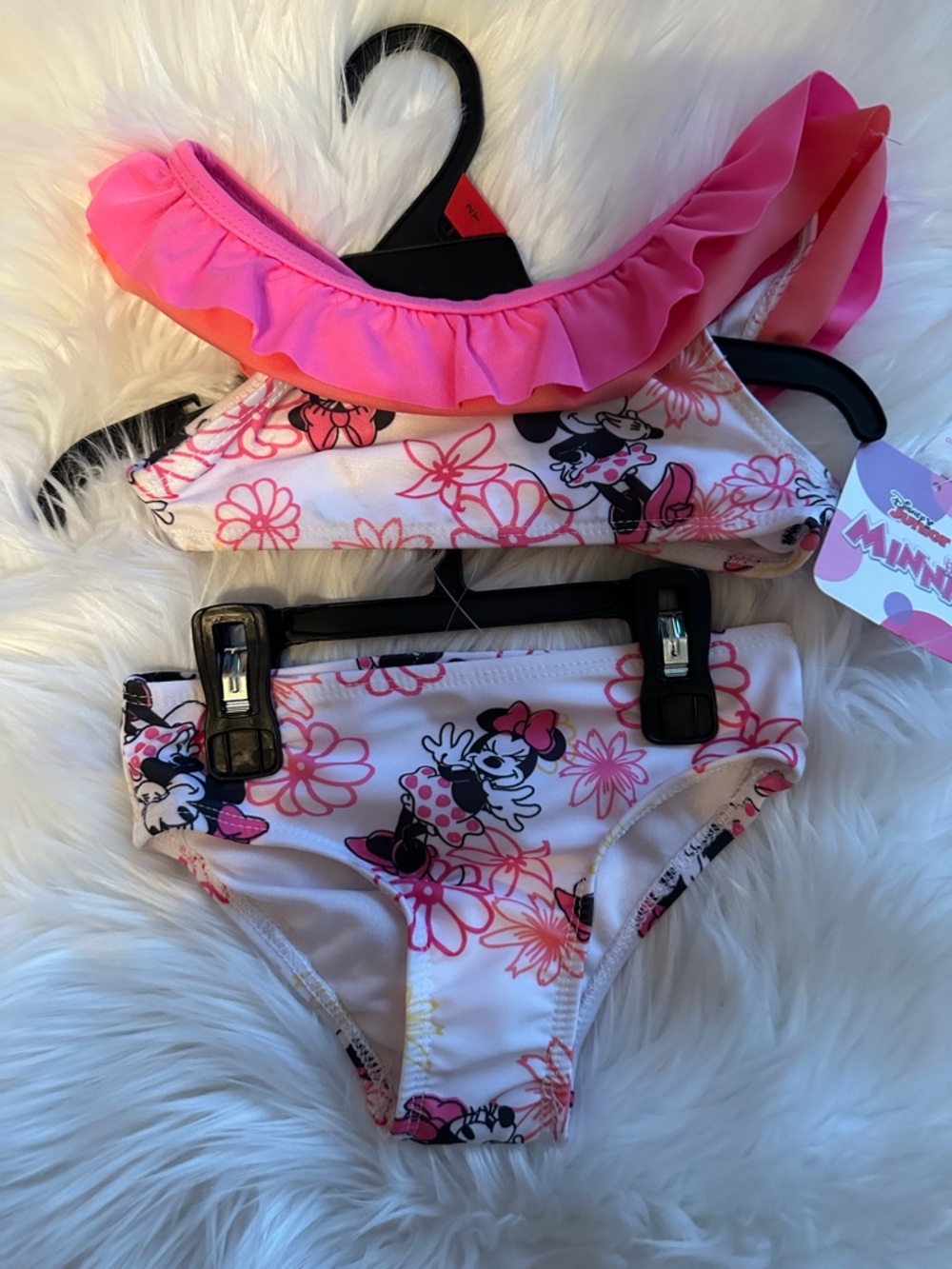 NWTS Disney Minnie Mouse Floral 2 pc Swimsuit w/Hot Pink Ruffle Sz 2T